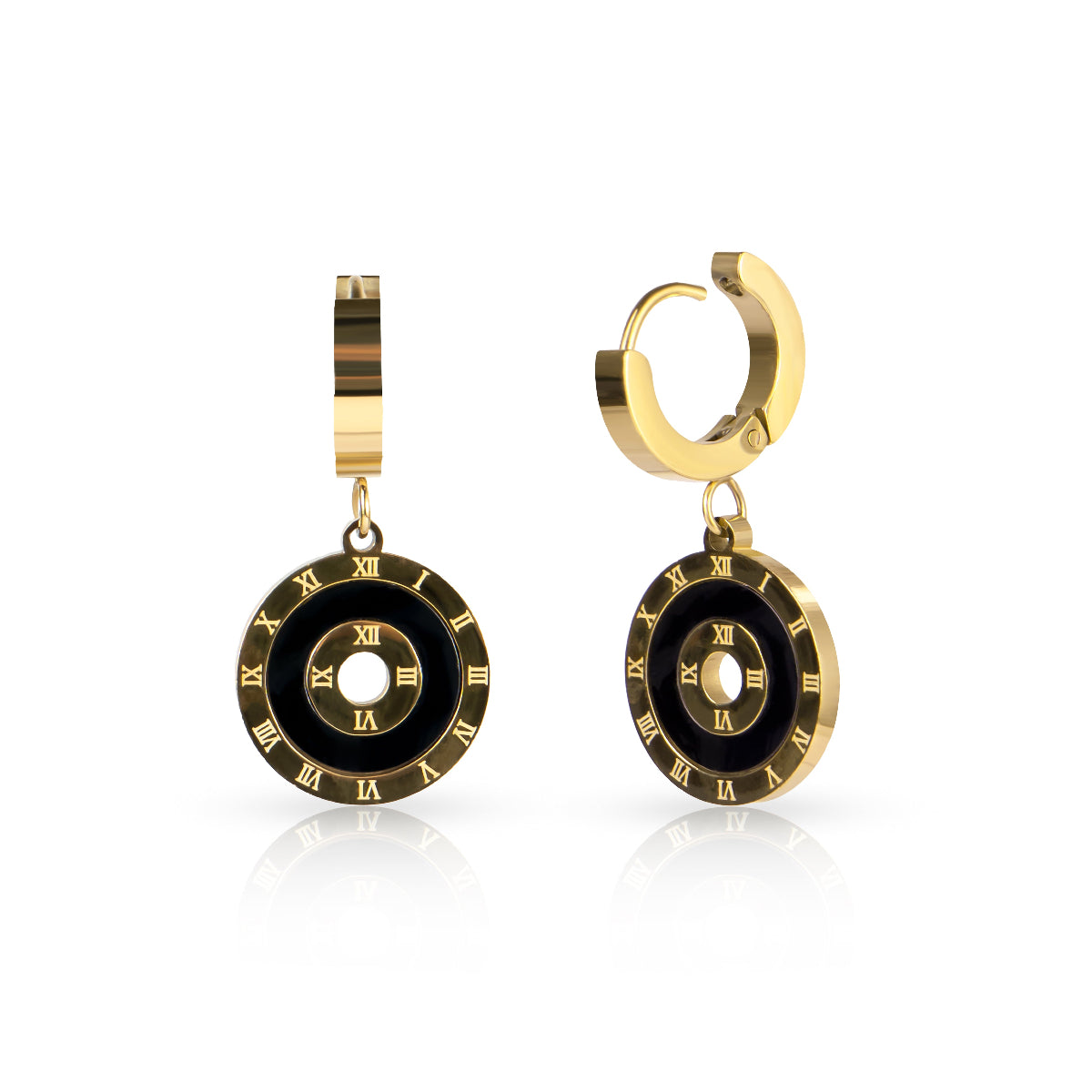 Gold hoop earrings with black circular charms featuring Roman numerals on a white background