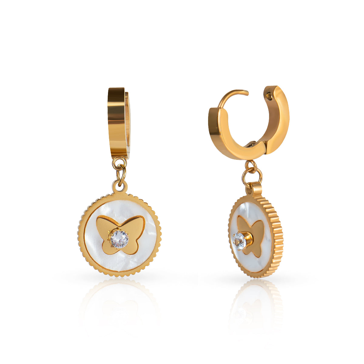 Gold hoop earrings with butterfly charms on a white background