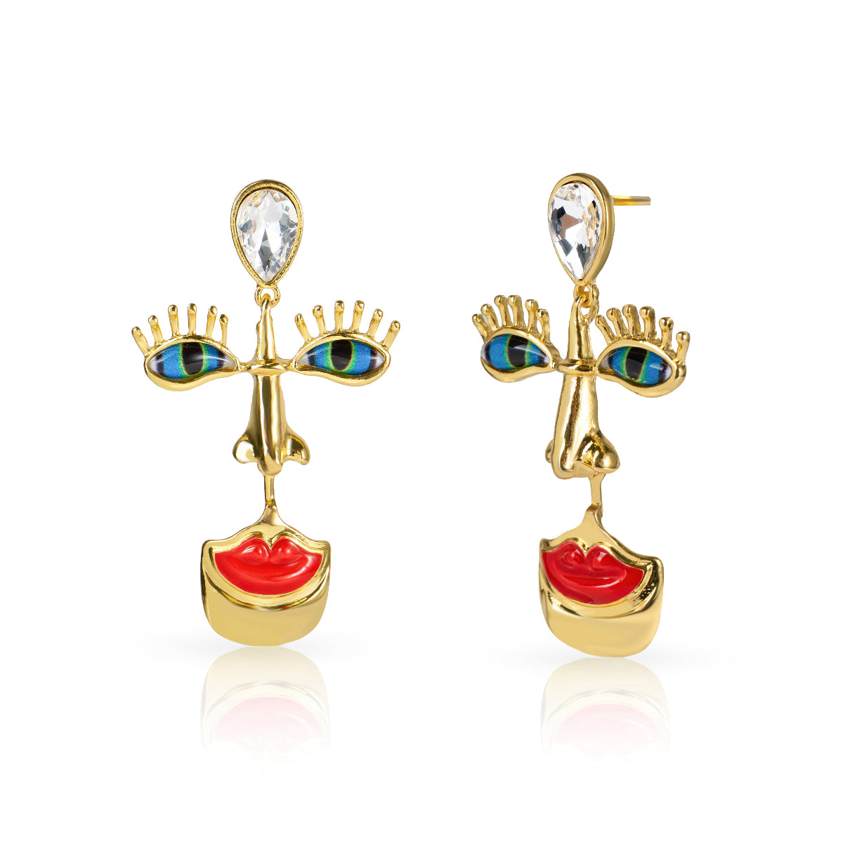 Gold earrings with colorful eye design on a white background