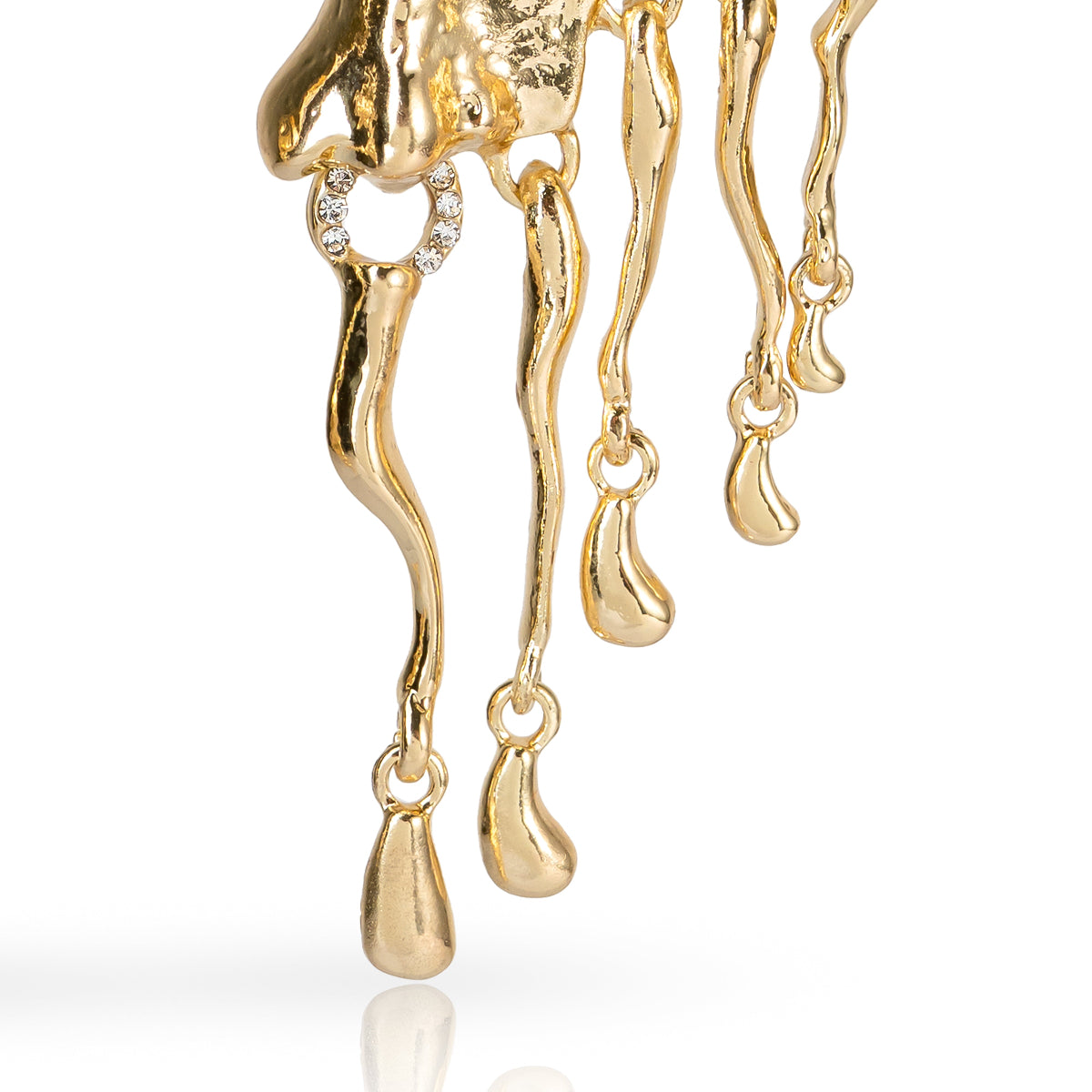Gold earring with dangling elements on a white background